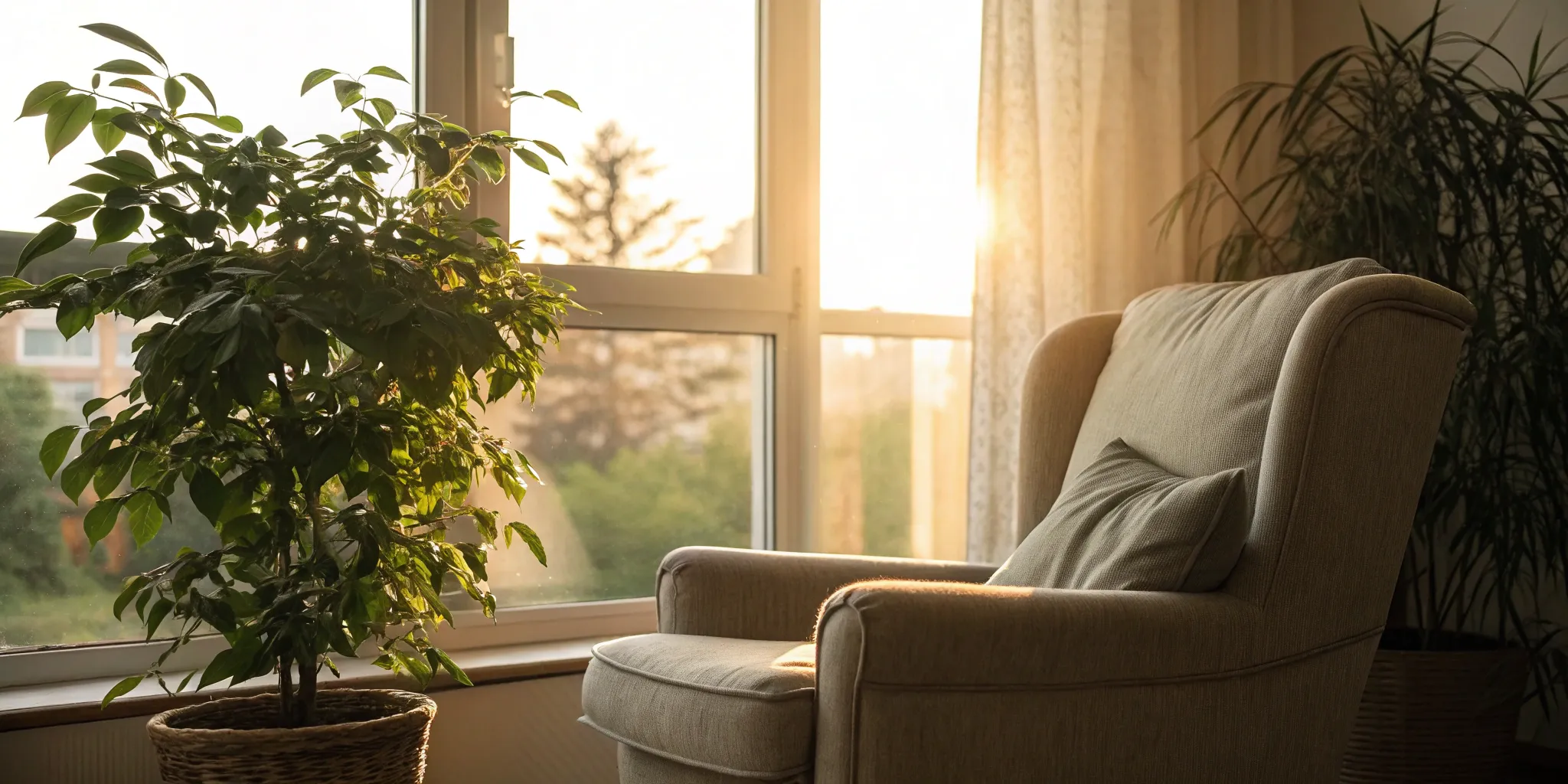 Sunlit armchair in a peaceful room for counseling for depression from relationship problems.