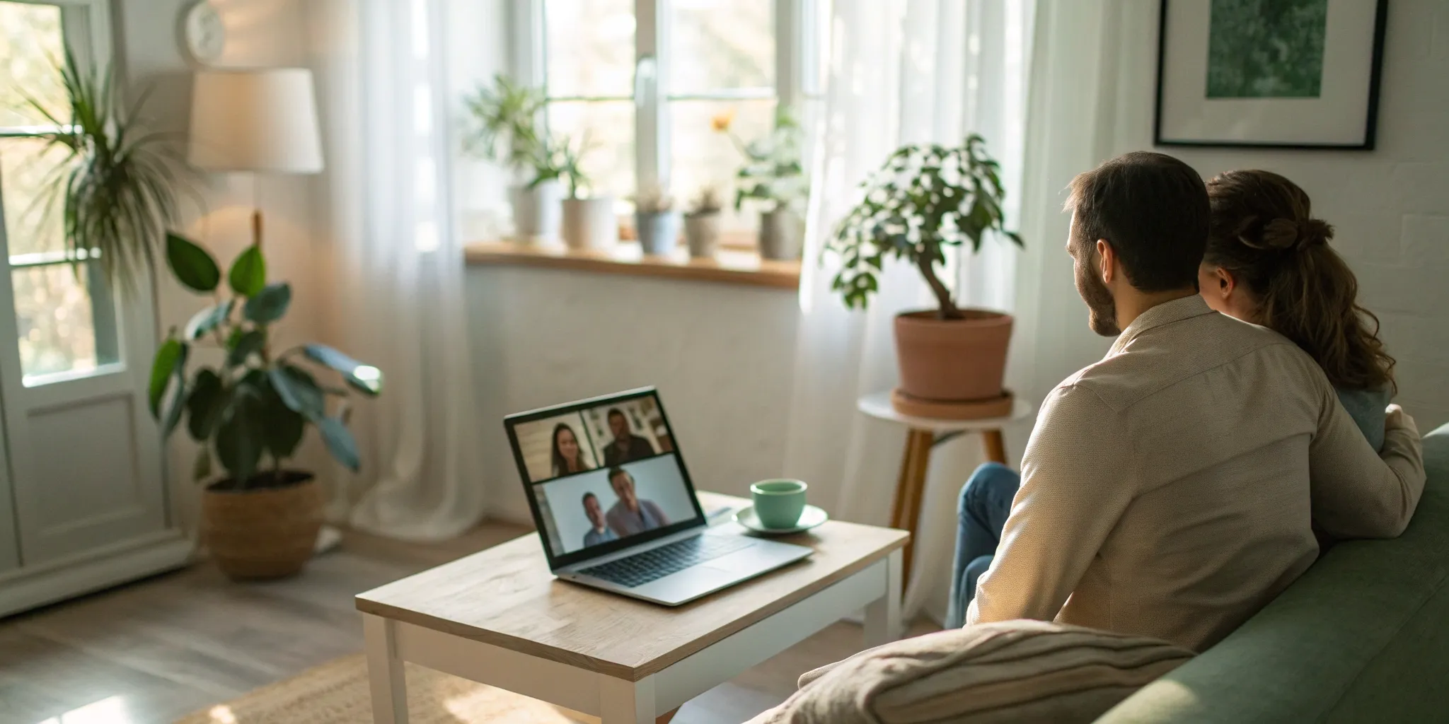 Couple on a laptop discussing the cost of their online therapy session.