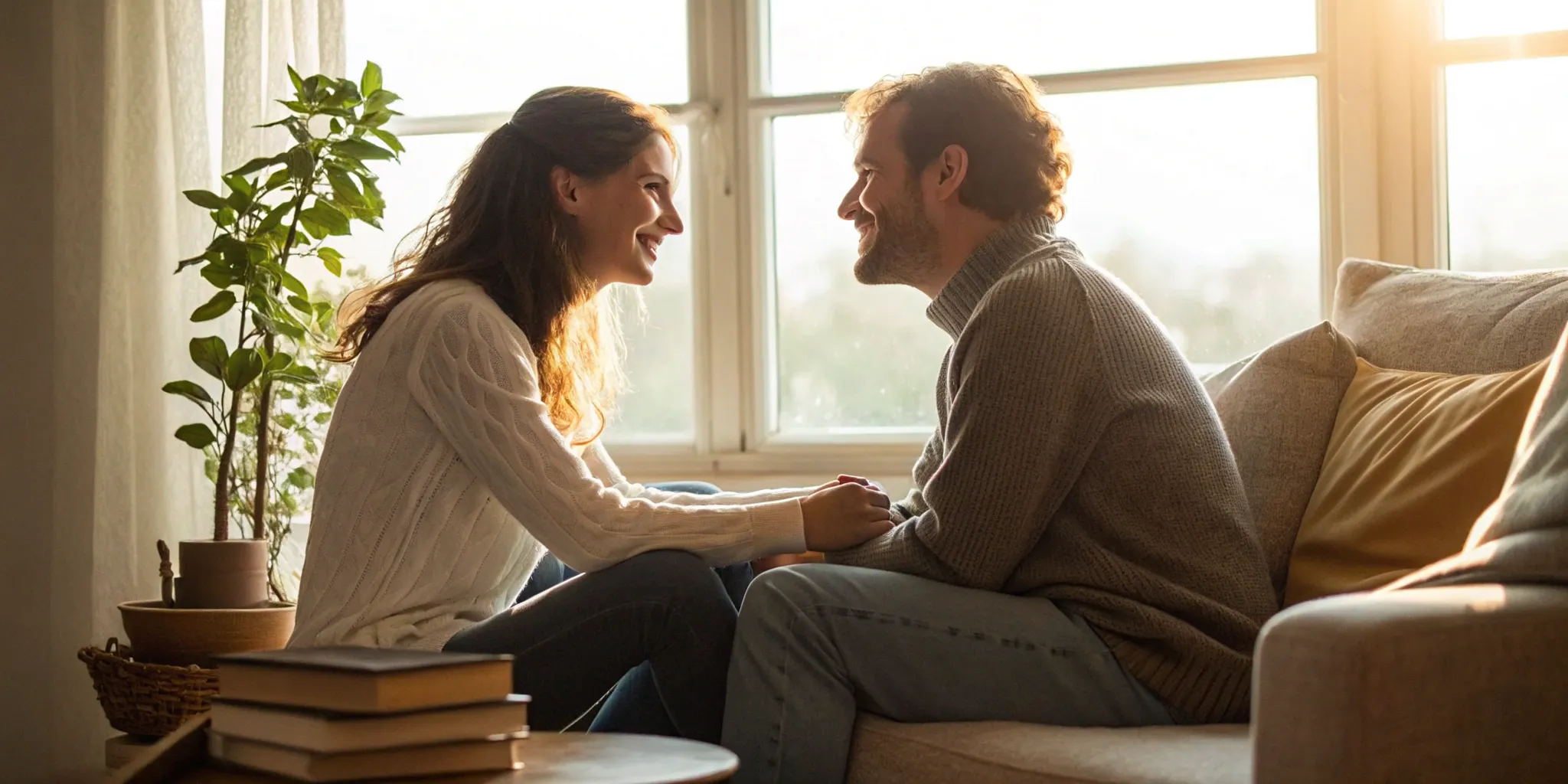Couples counseling helps a smiling couple on a couch overcome relationship anxiety together.