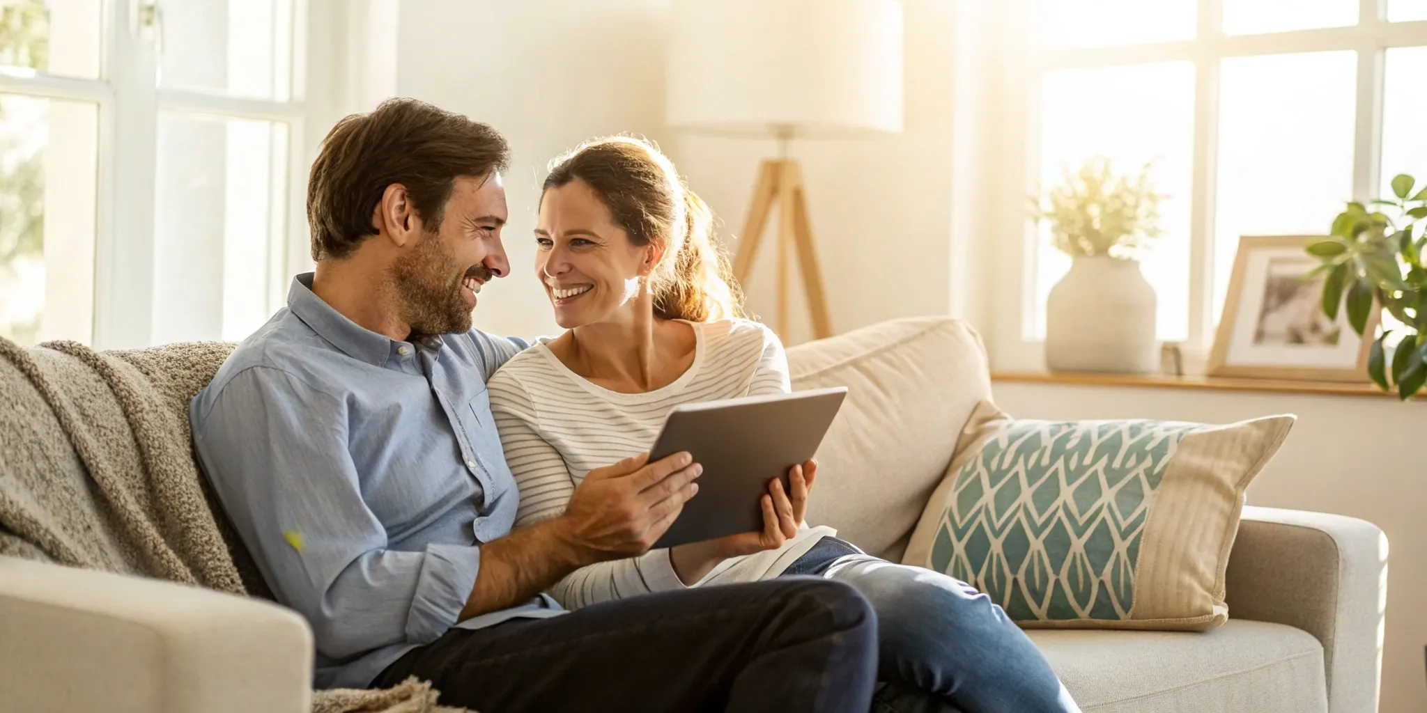 Happy couple on a couch using a tablet for online marriage counseling.