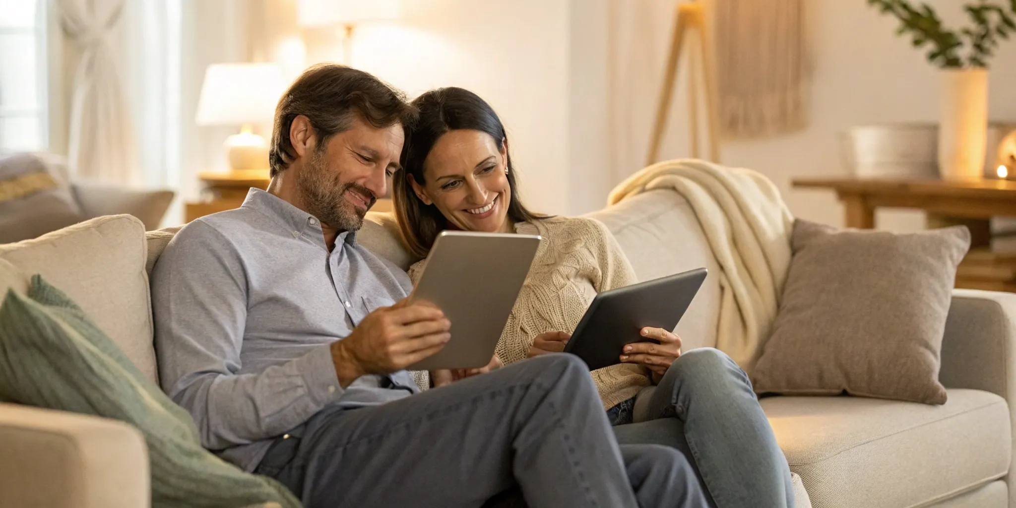 Couple on a couch participating in online couples counseling on their tablets.