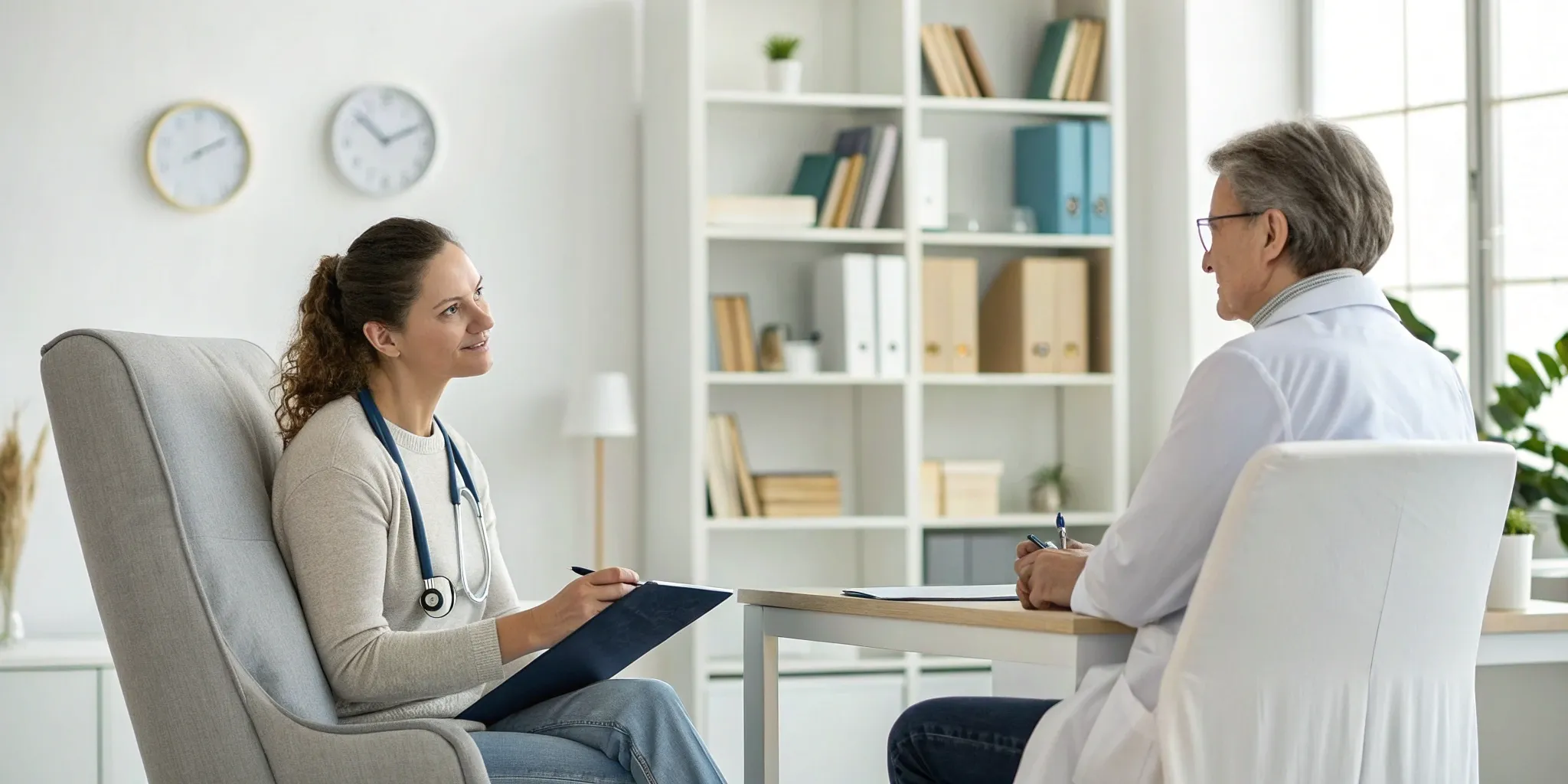 Two therapists in a bright office discussing how to find a certified IFS therapist.