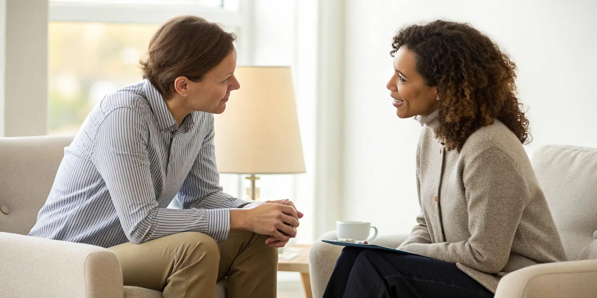 A person listening carefully to someone they hurt, trying to regain trust after a breakup.