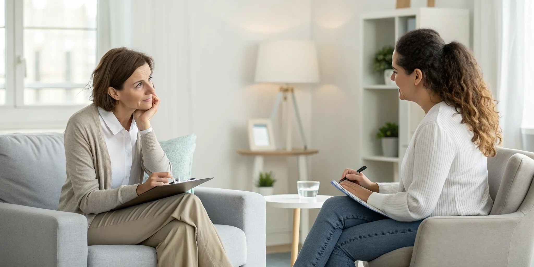 A woman in therapy for healing after a breakup, talking with her therapist.