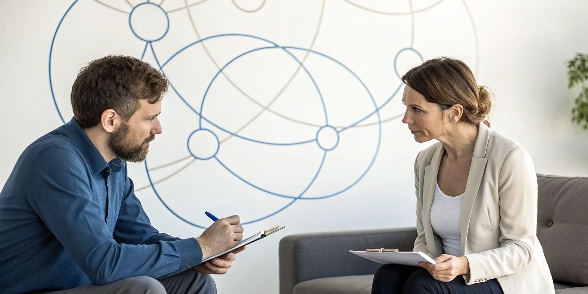 A couple discusses their issues in a psychodynamic therapy for relationships session.