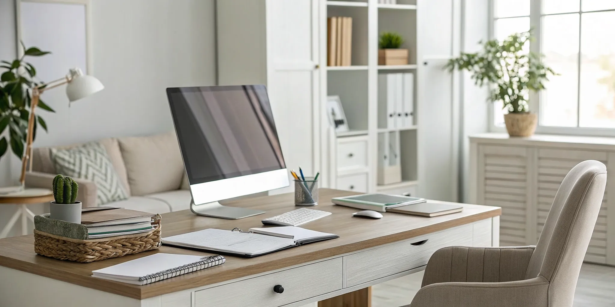 Person using a laptop in a home office to schedule a discernment counseling session.