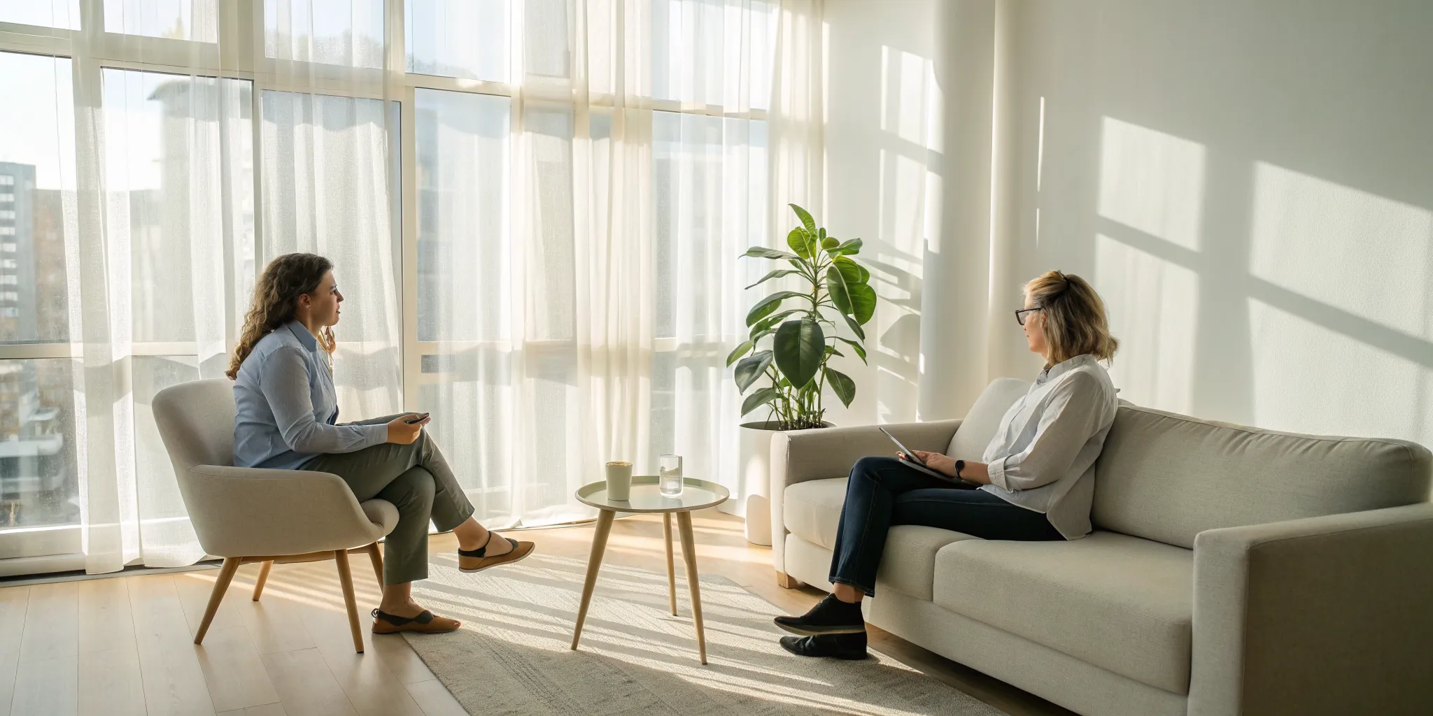 A relationship anxiety therapy session with a therapist and client in a bright office.