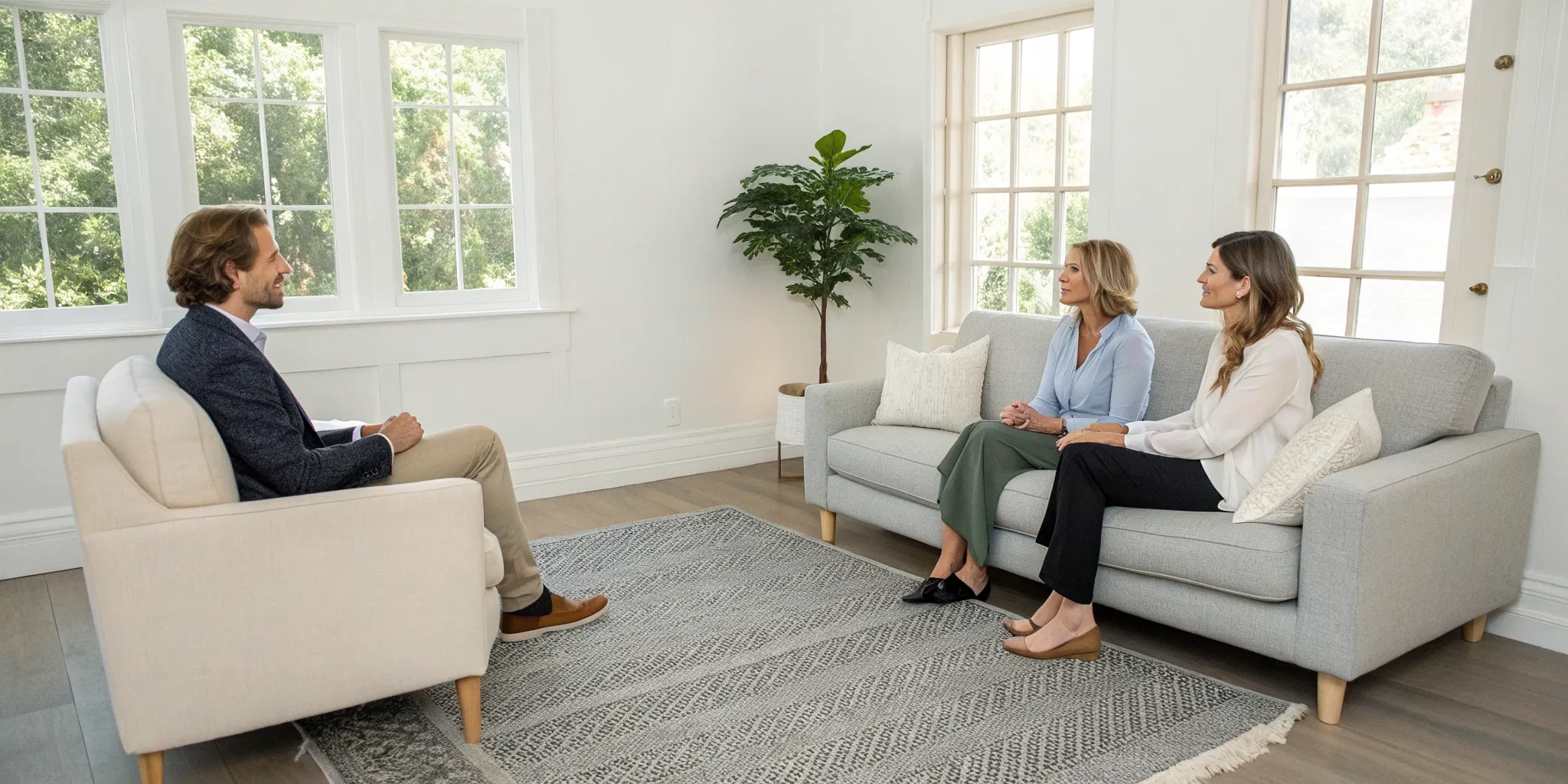 A couple works with a therapist, using relational life therapy to improve communication and connection.