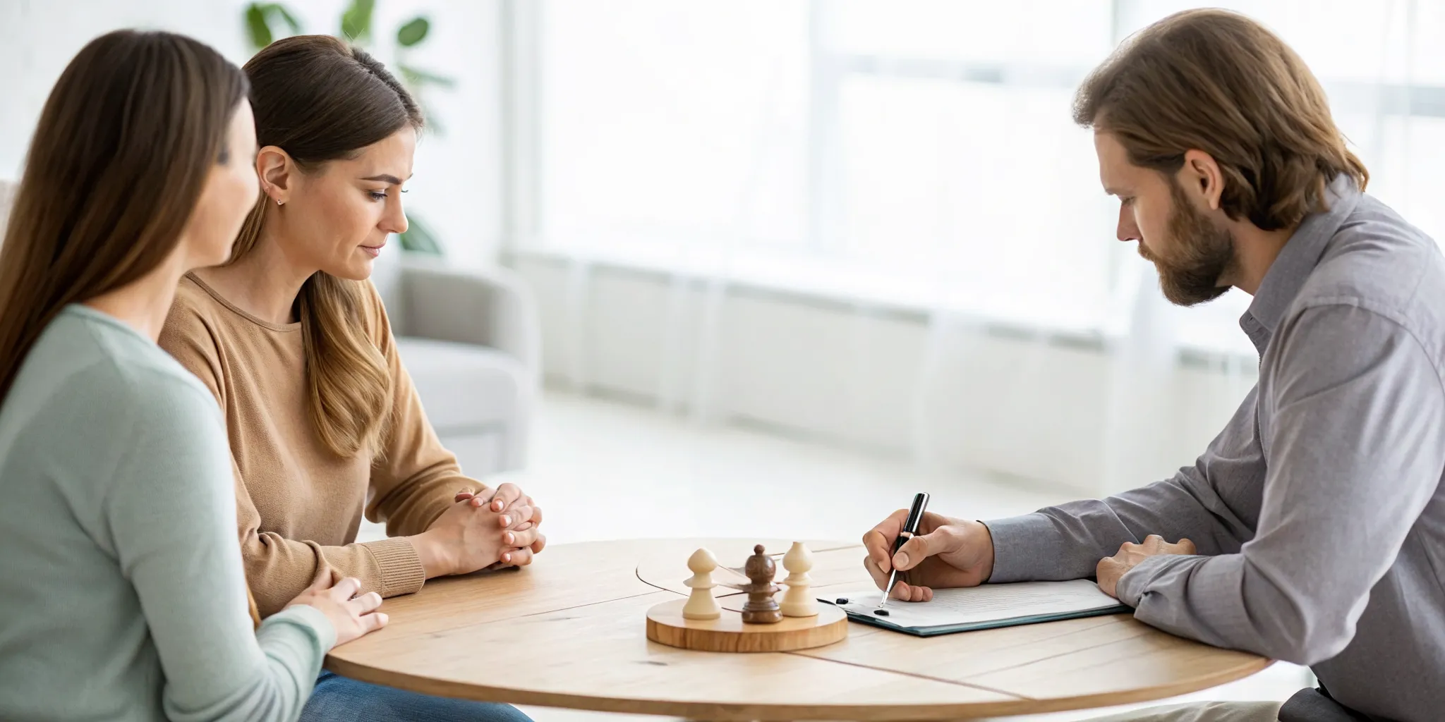 A couple discusses important topics for their marriage in a premarital counseling session.