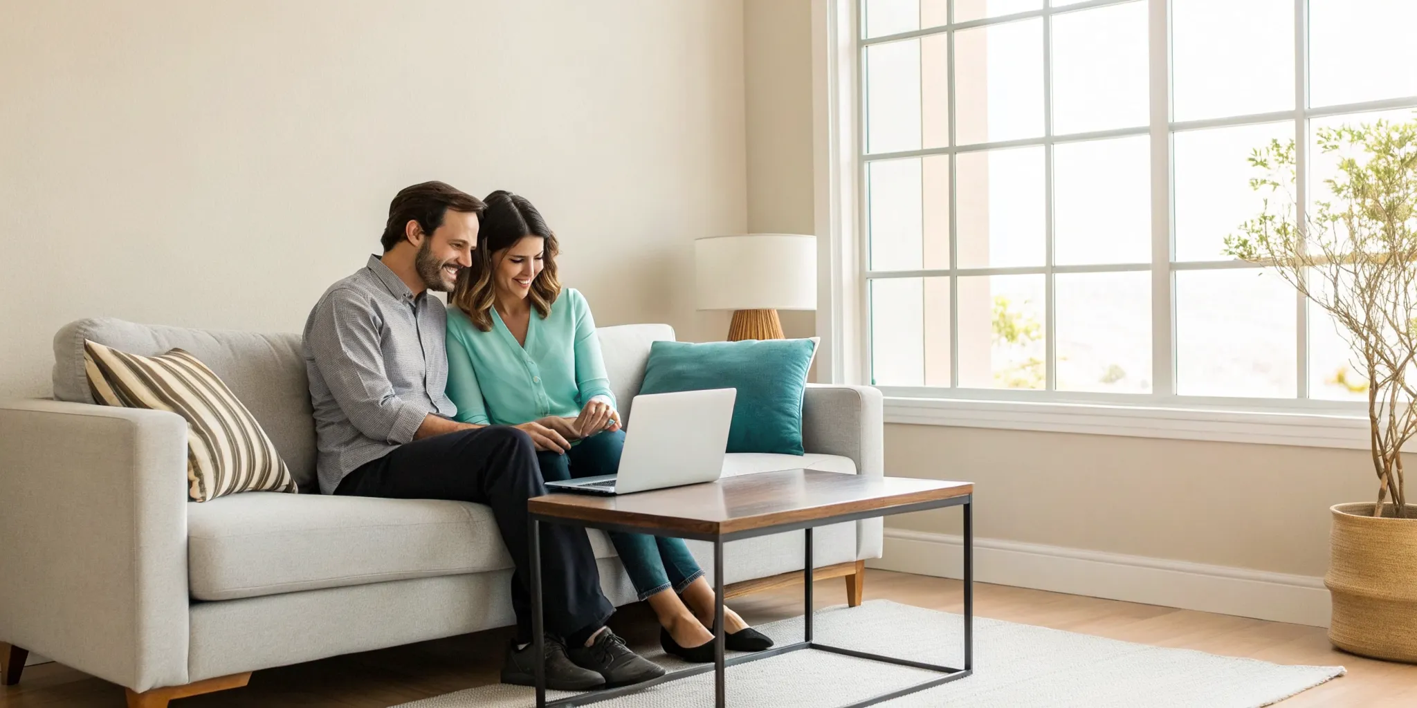 Couple on their couch attending a virtual couples therapy session on a laptop.