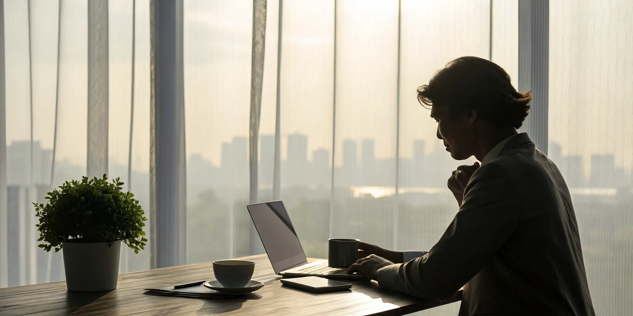 An anxious person at a desk overthinking their relationship.