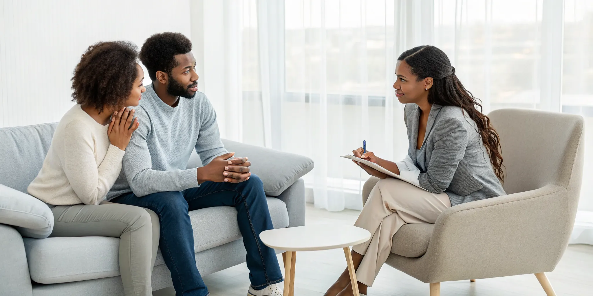 A couple in their first session of couples communication counseling.