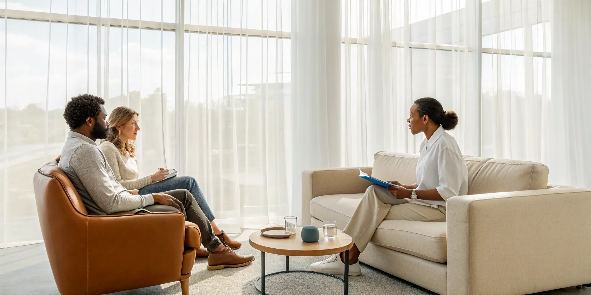 A therapist guides a couple through a relational life therapy session.