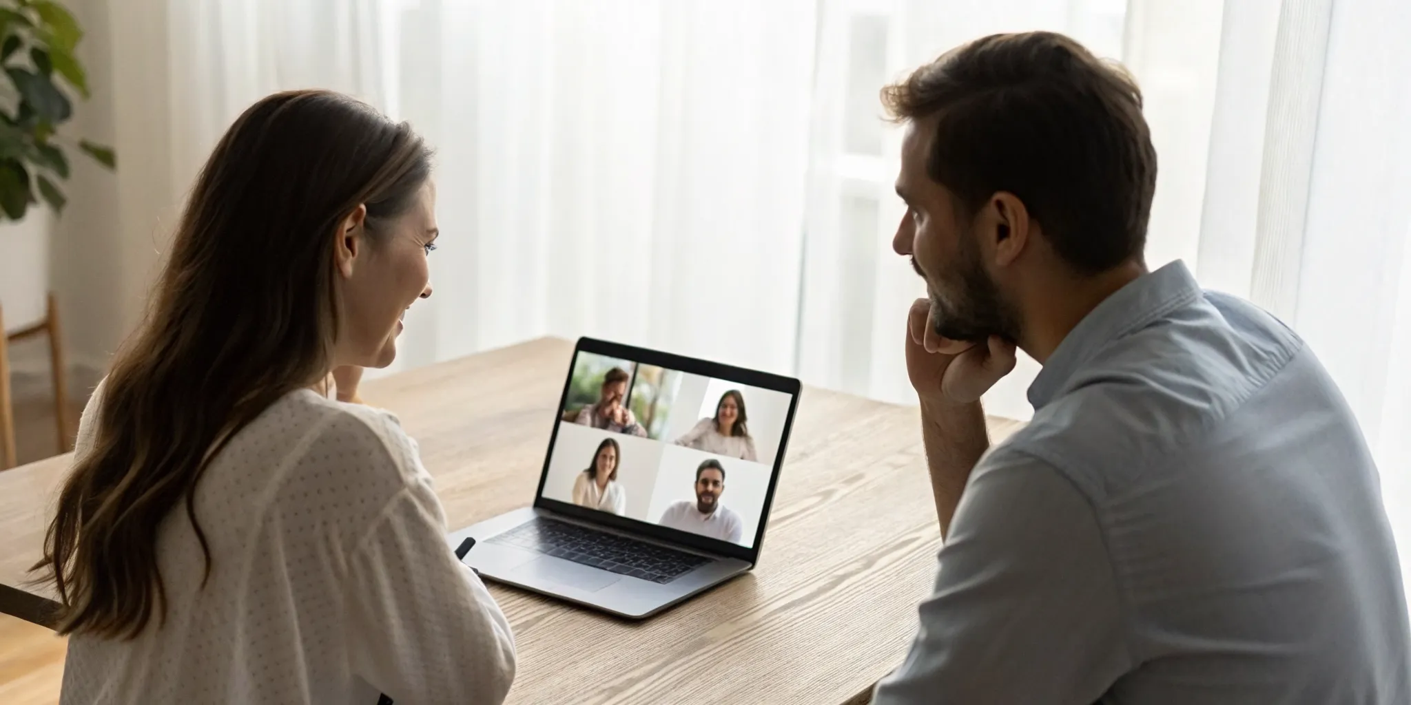 A couple attending an online couples therapy session at home.