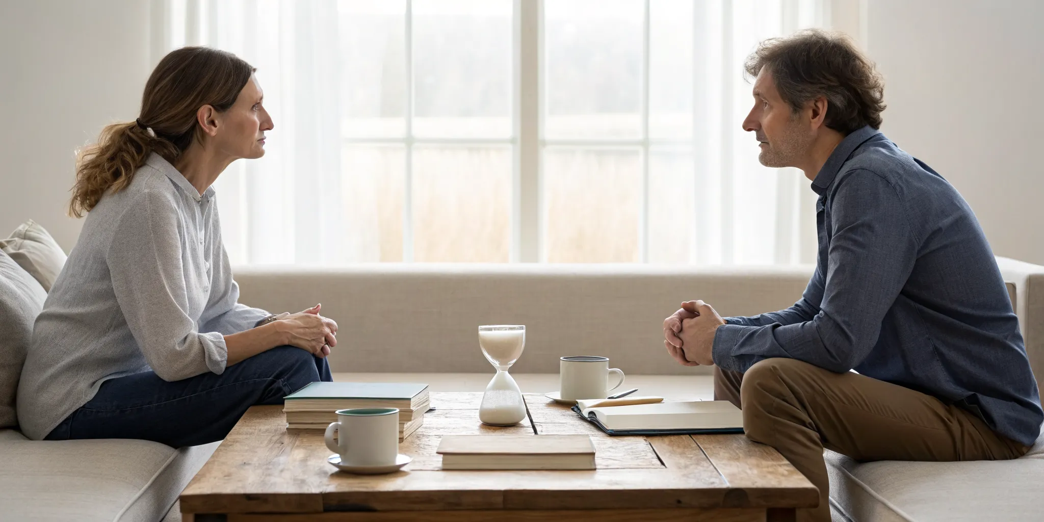 Couple on a couch with notebooks, practicing communication exercises to feel closer.