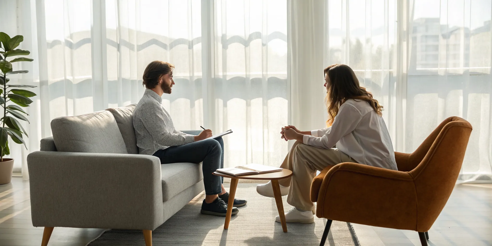Couple in marriage and relationship counseling working through issues with a therapist.