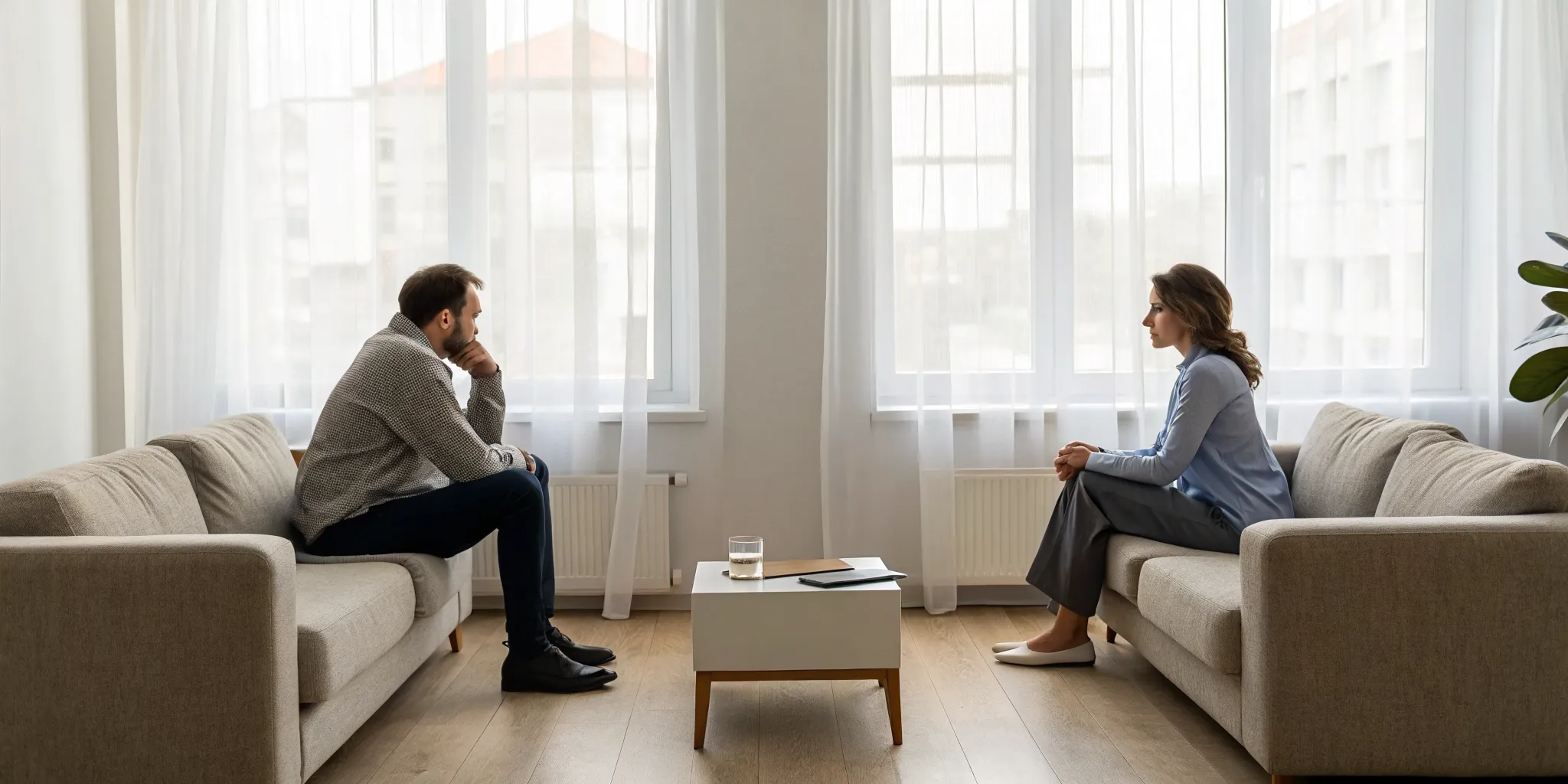A distant couple on separate sofas, a sign you need couples therapy.
