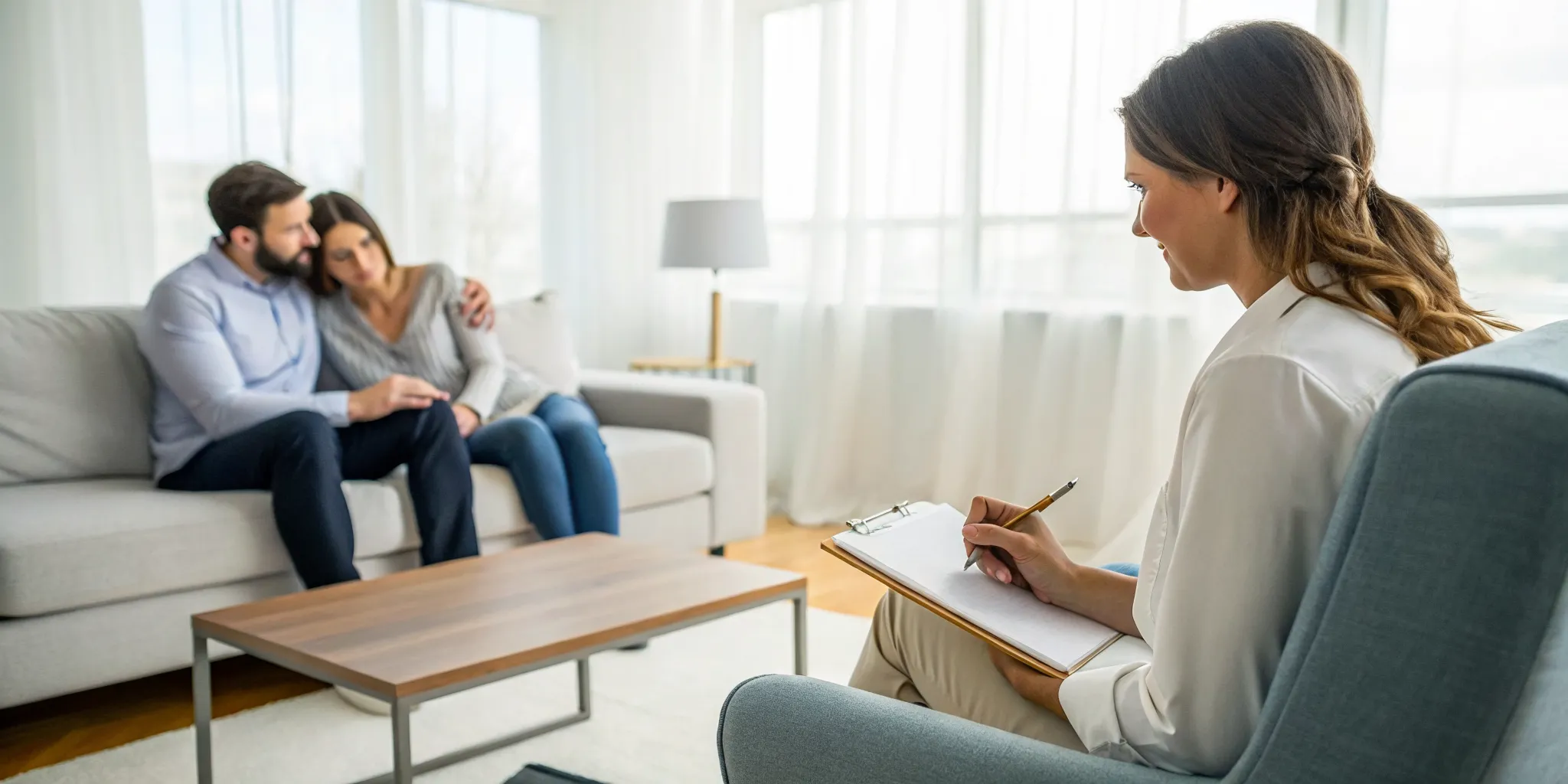 A couple in a therapy session after they find the right marriage counselor.