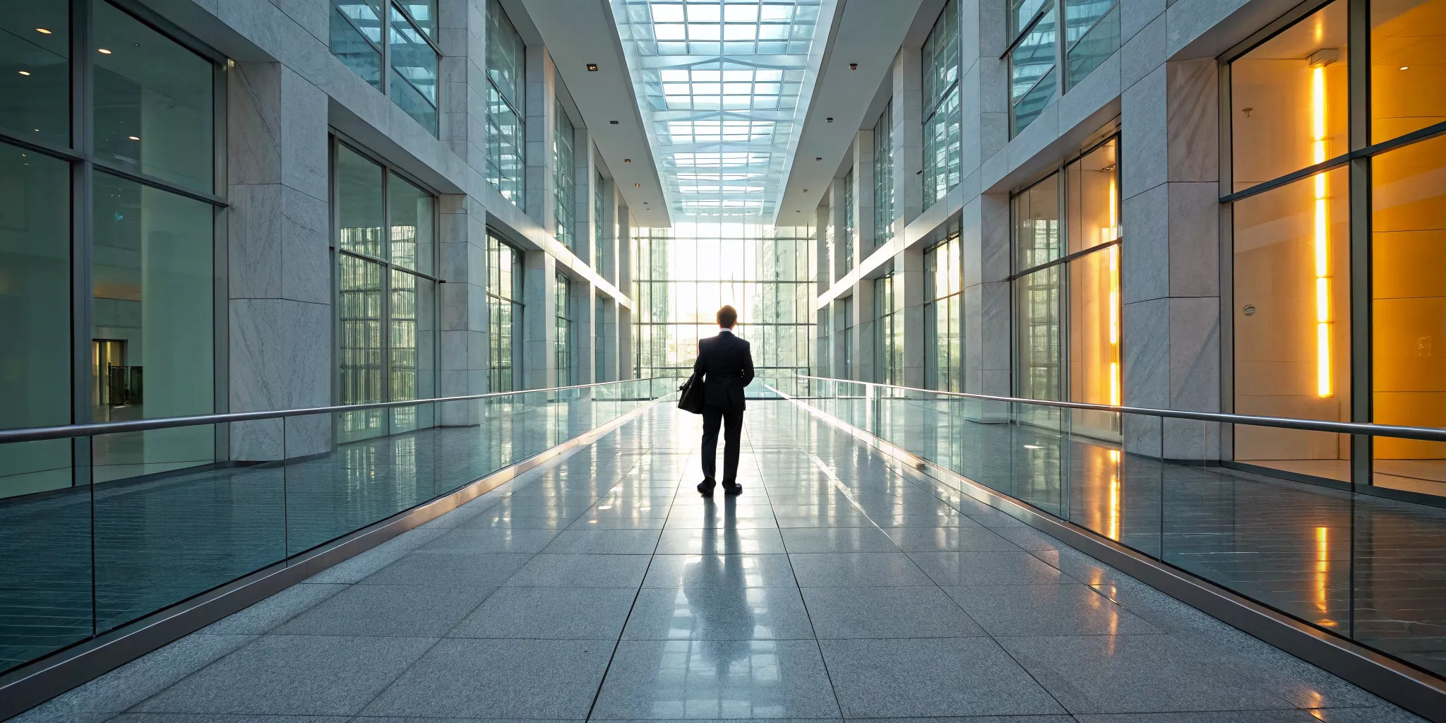 A person walks through a modern hallway, navigating the definition of a life transition.