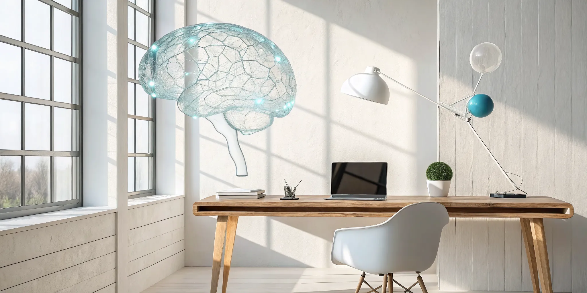 A brain graphic next to a laptop, a concept for cognitive therapy examples.