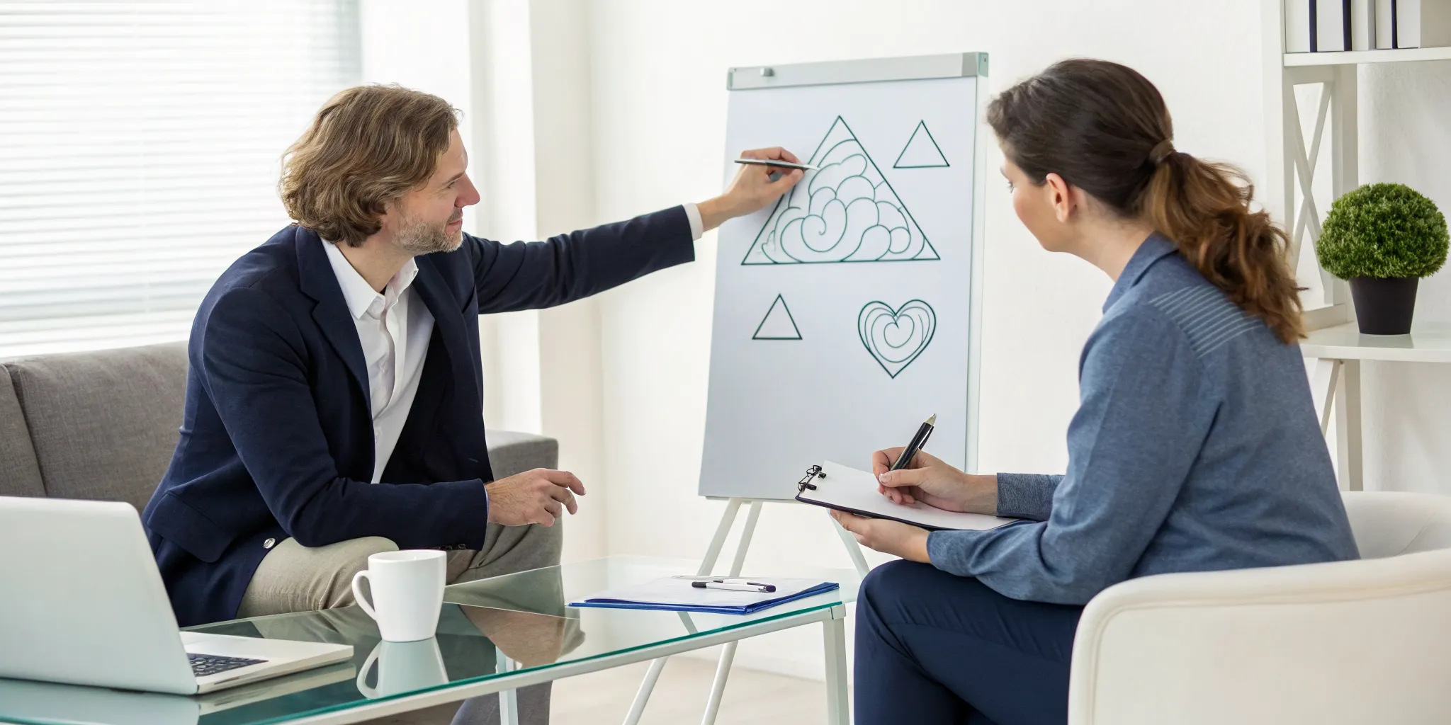A therapist explaining CBT techniques for anxiety and depression using a whiteboard.