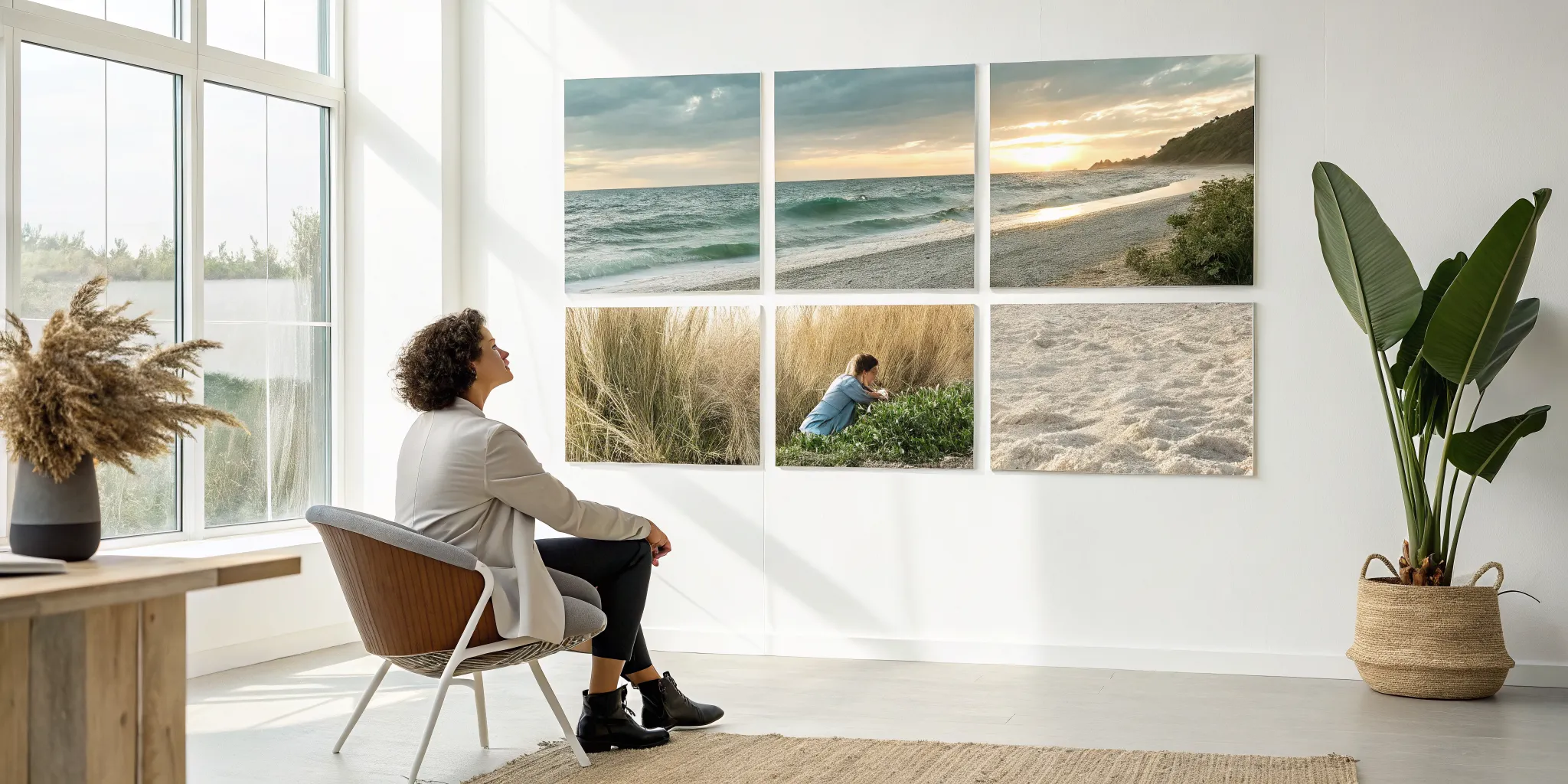 Adult woman using a calming therapy activity for anxiety by looking at nature photos.