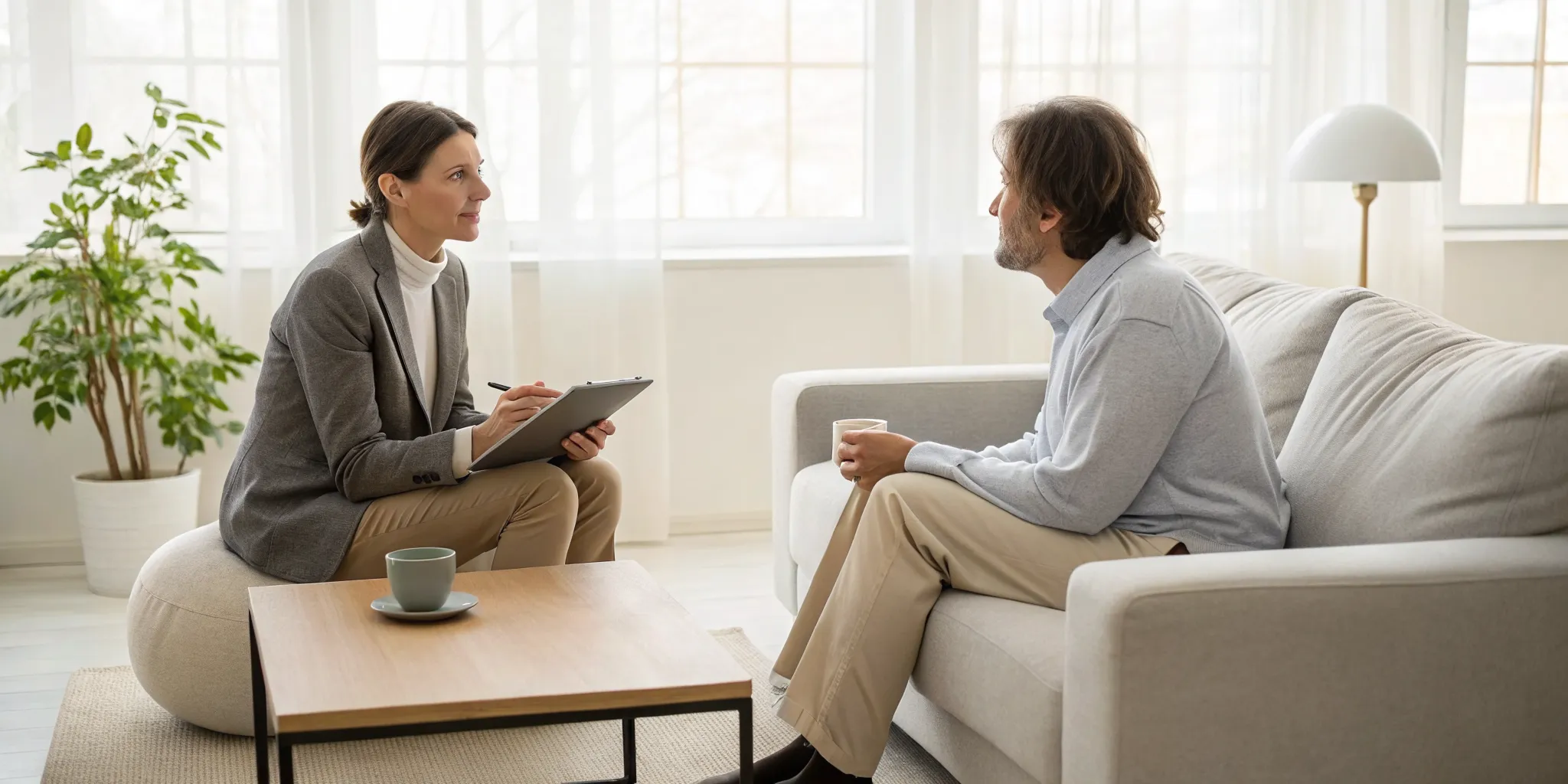 A therapist and client discuss counseling for anxiety disorders during a session.