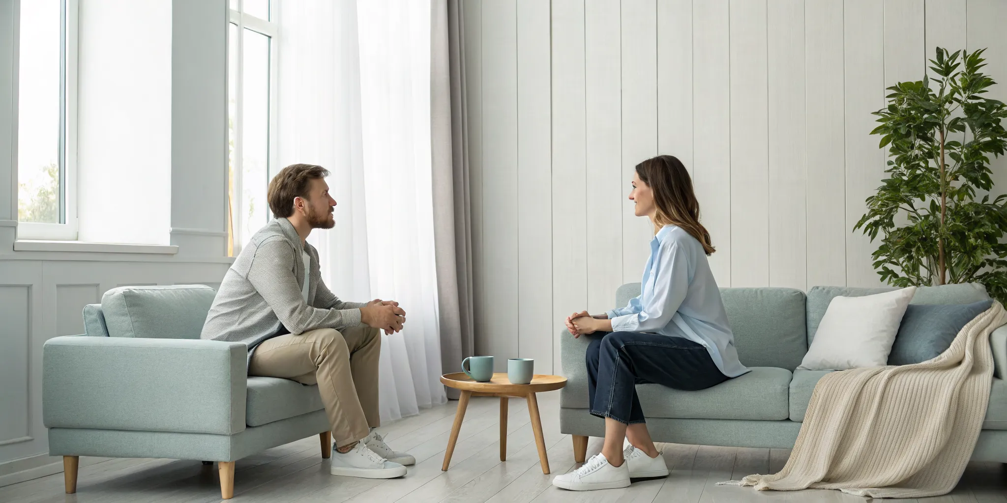A couple using helpful conflict resolution strategies during a calm conversation.