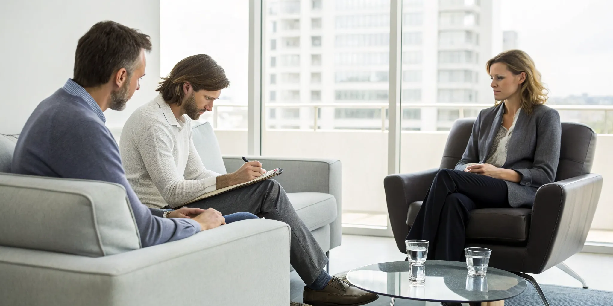 A couple in infidelity counseling works with a therapist to rebuild trust.