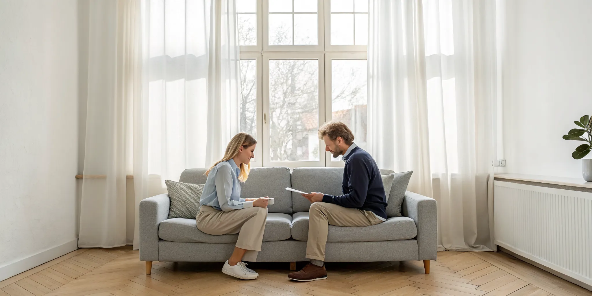 A distant couple on a sofa struggling with attachment issues with a boyfriend.