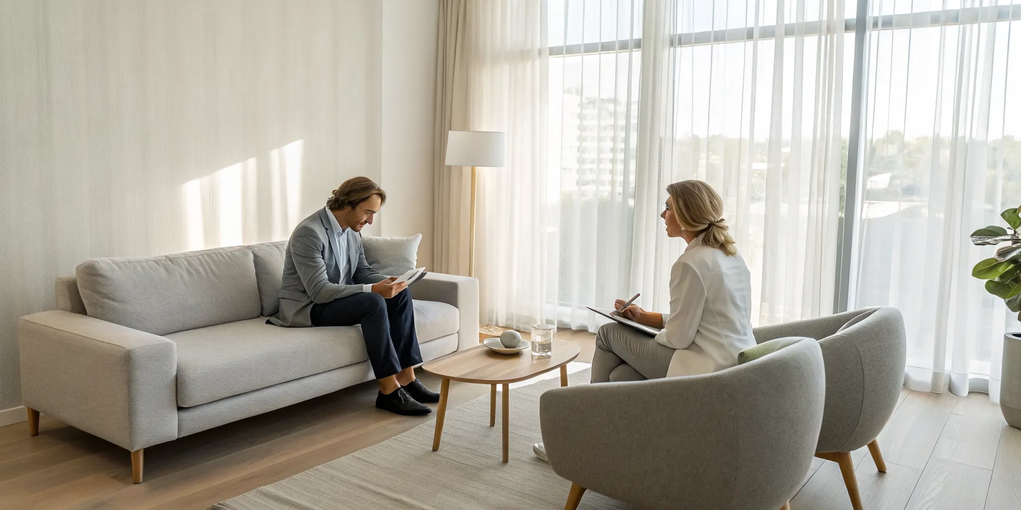 A couple working with a therapist in a Gottman Method couples therapy session.