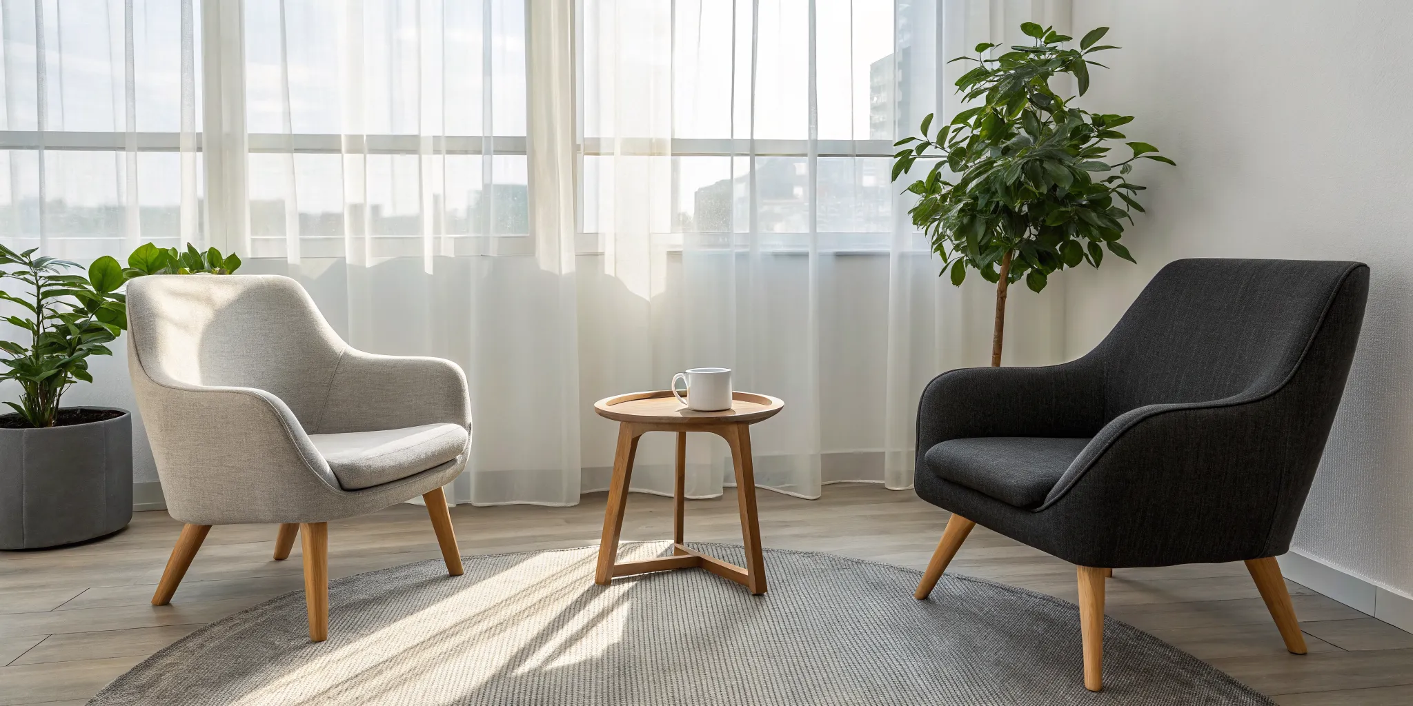 Two armchairs in a calm therapy room for healing an avoidant attachment style.