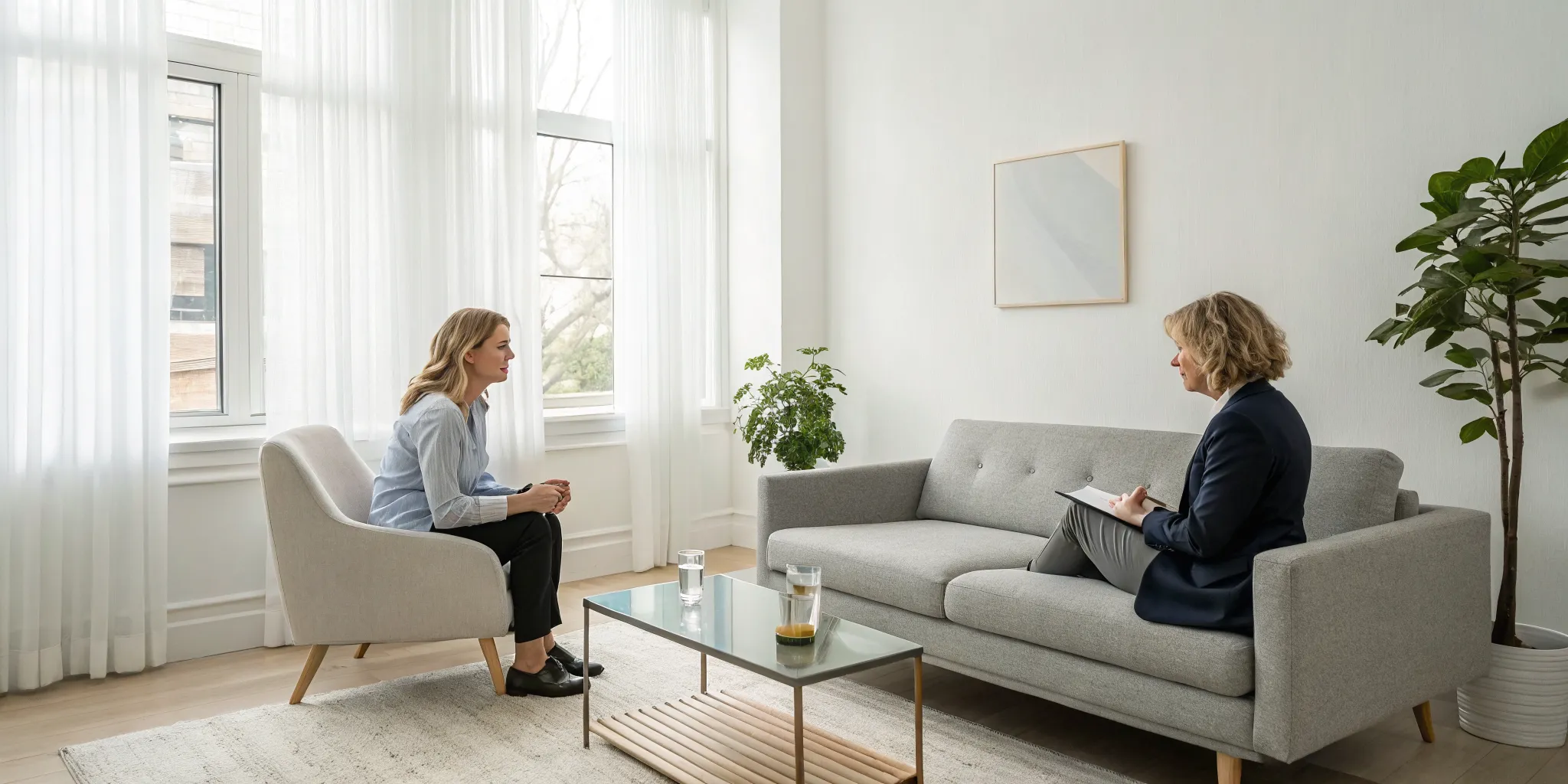 Two women discuss relationship problems during a couples counseling session.
