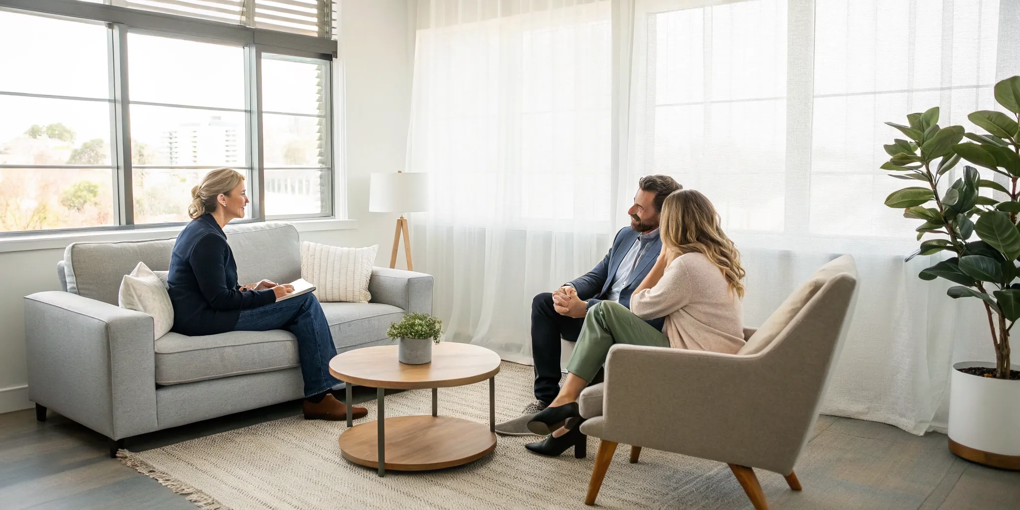 Couple working with a therapist during a relationship counseling session.