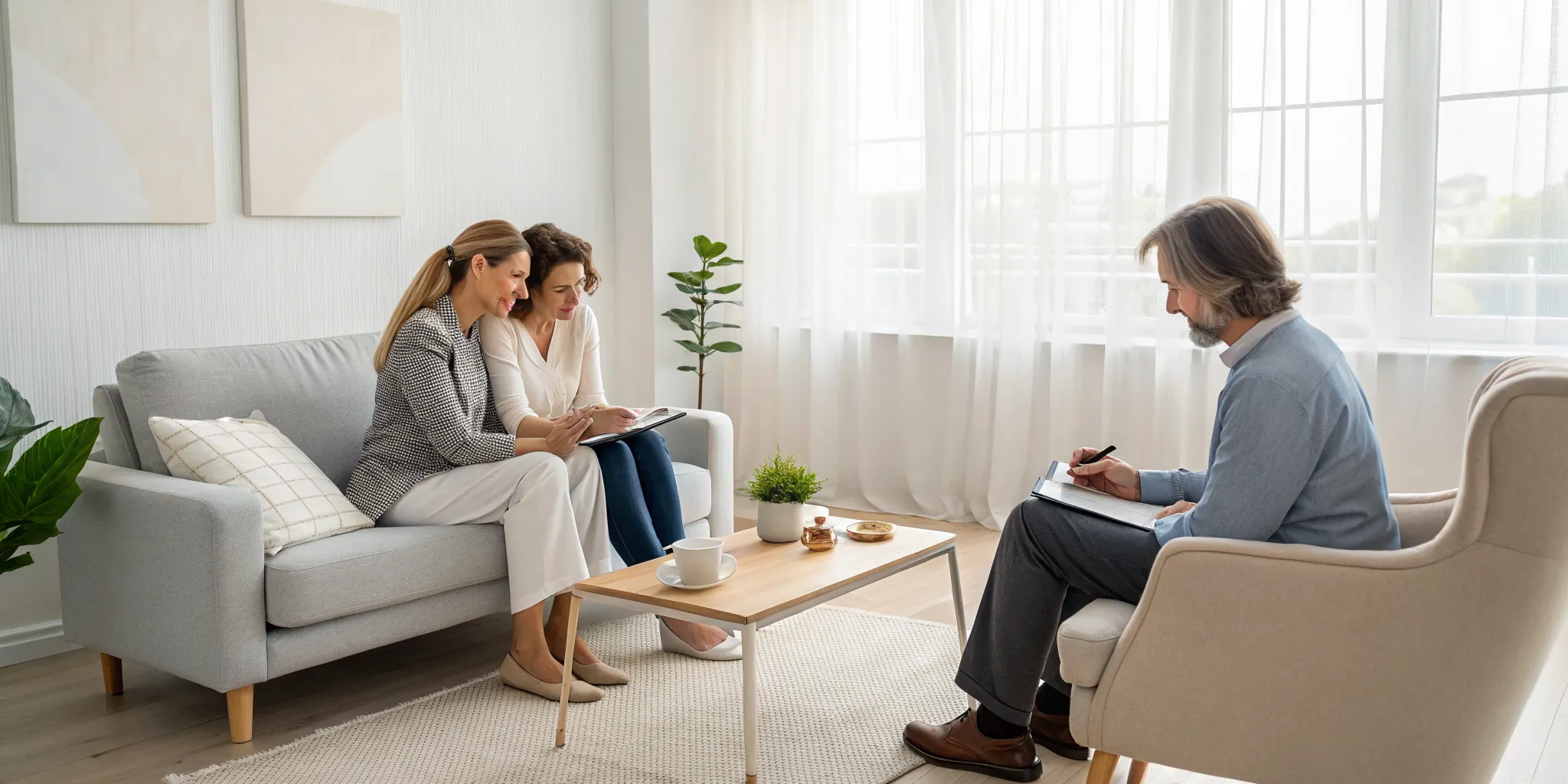 Couple talking with a therapist during a relationship therapy session.