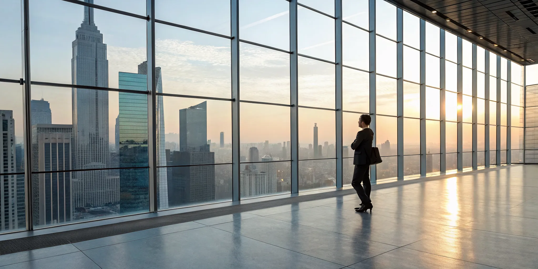 A businessperson in a high-rise office, reflecting a narcissist's grandiose sense of self-importance.