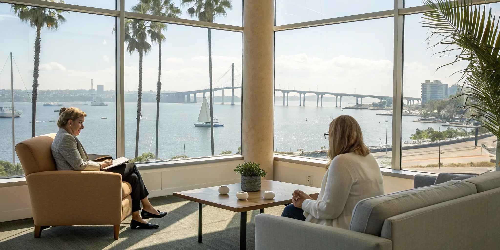 Two women in a San Diego couples counseling session overlooking the bay and bridge.