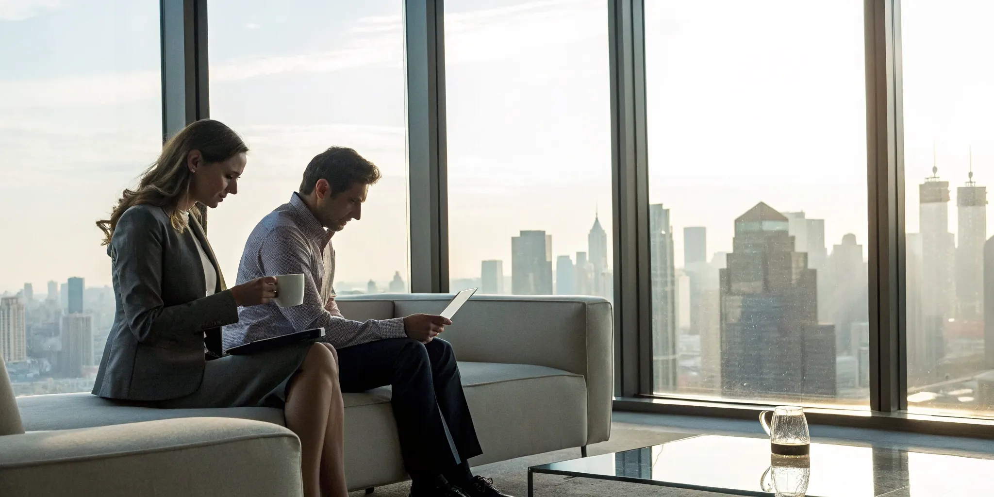 A man and woman sit apart on a sofa, a sign he is afraid of commitment or just not into her.