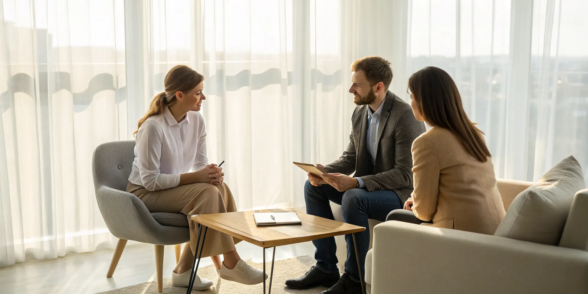 Couple meeting with a relationship counselor for counseling services.