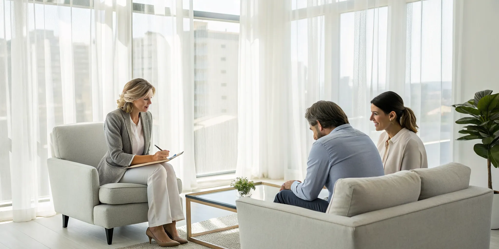 Couple meeting with a therapist specializing in affair recovery.