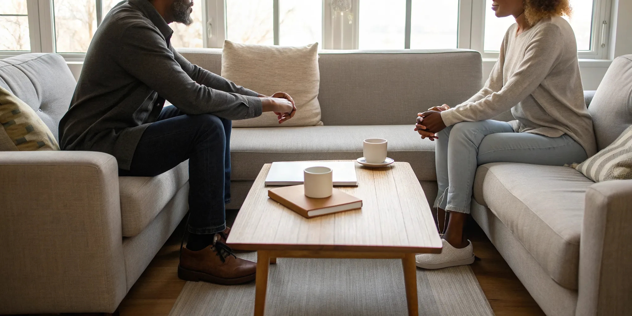 A couple sits apart, considering if a marriage can survive an emotional affair.