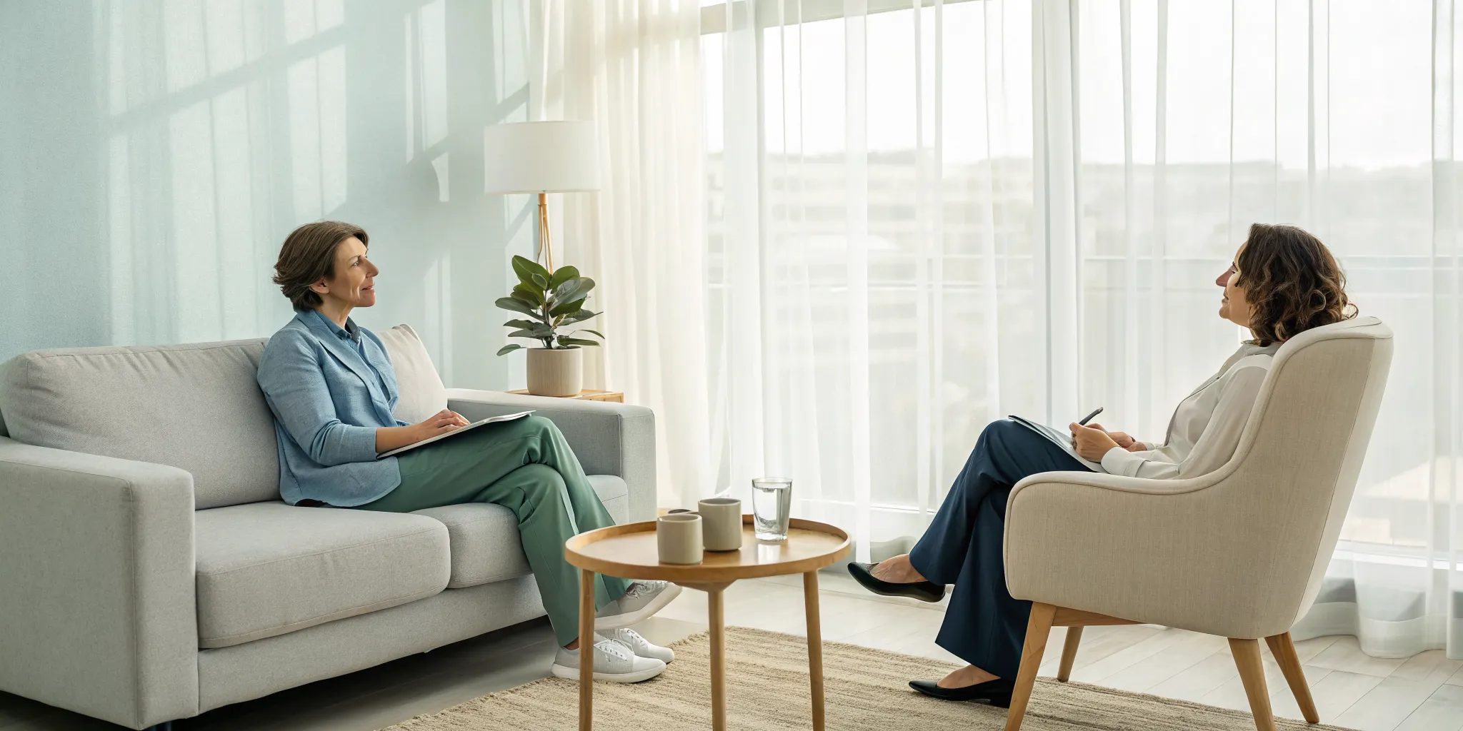 Two women in a cognitive behavioral therapy session for anxiety attacks.