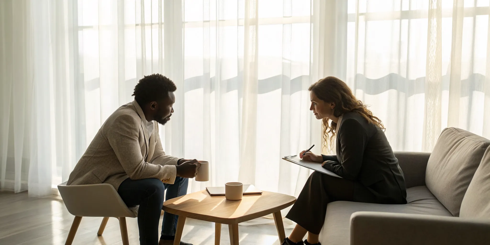 A therapist provides stress relief counseling to a client in an office.