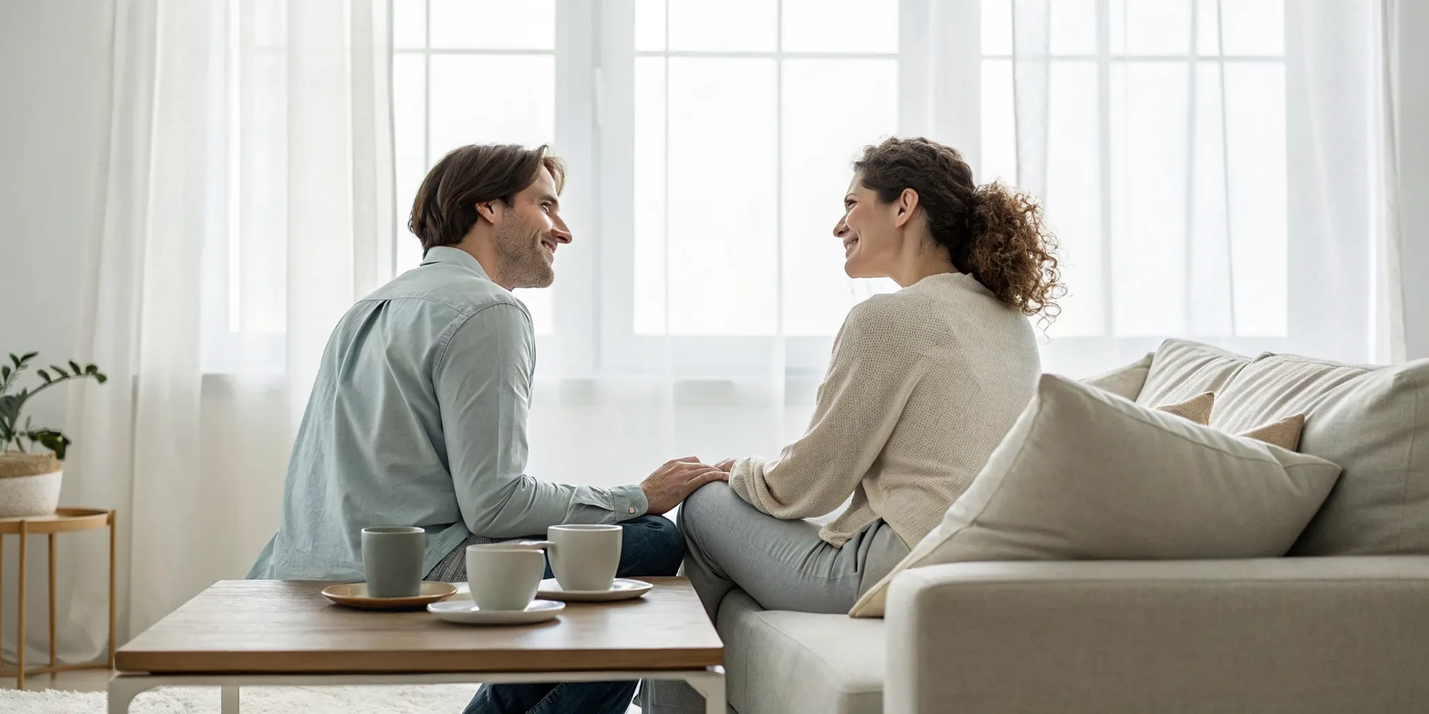 A happy couple holding hands on a couch after learning how to stop arguing and reconnect with their partner.