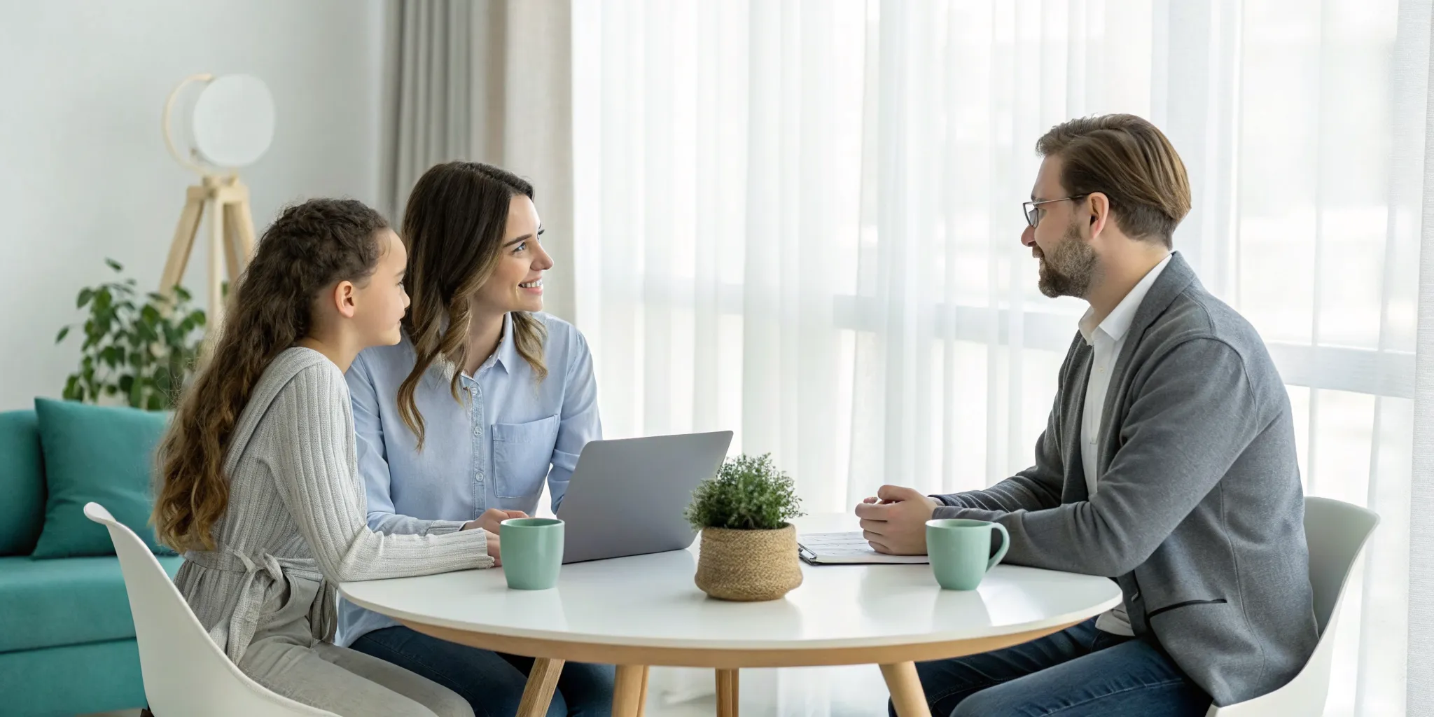 Family conflict interventions with a therapist helping a family communicate better.