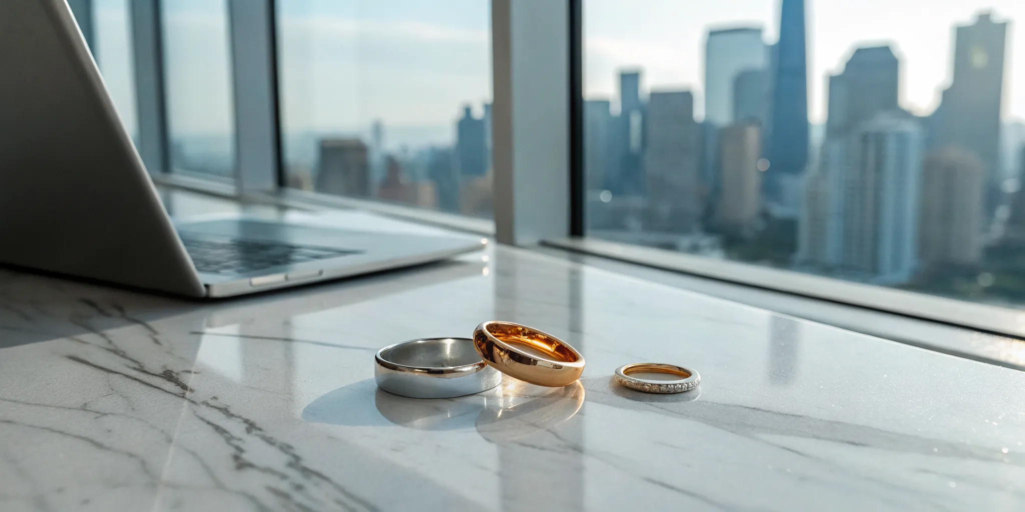 Wedding rings and a laptop highlight the fear of settling with the wrong person.