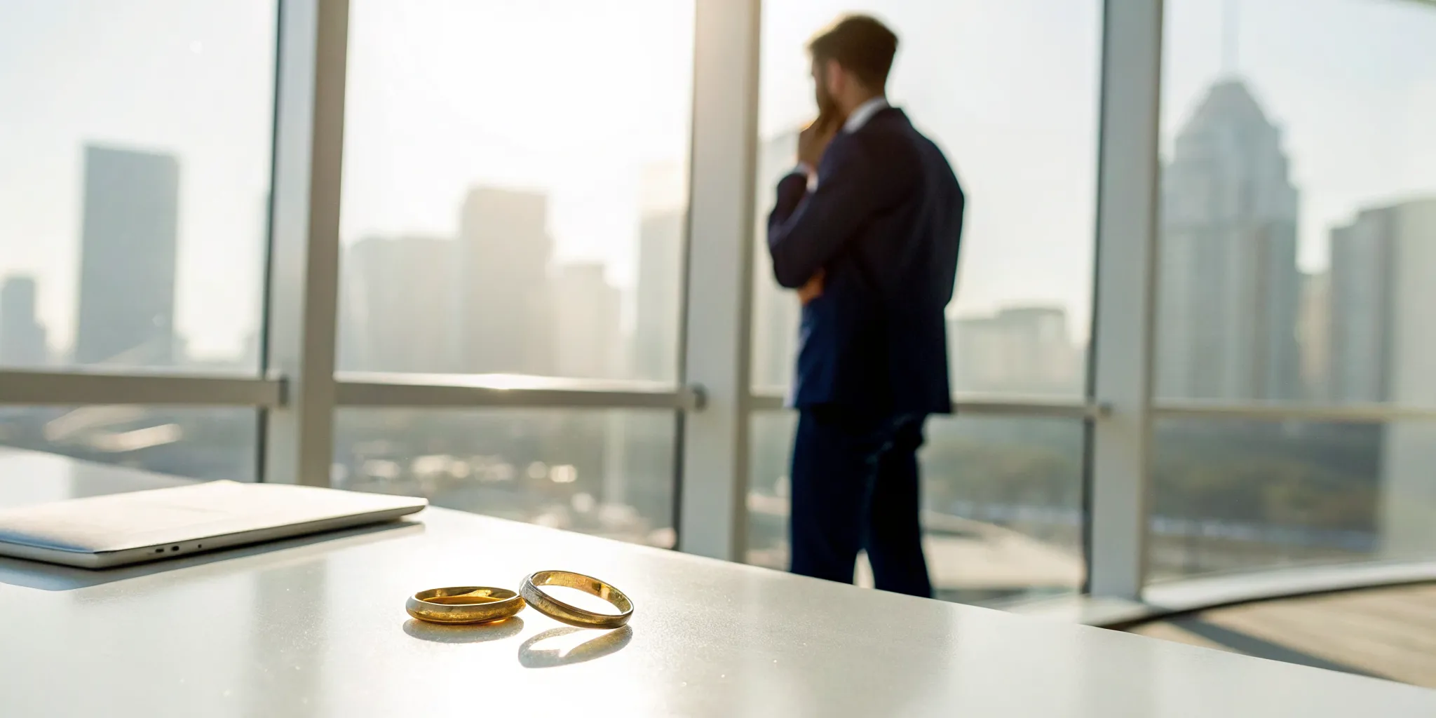 A man with gamophobia turns from wedding rings on a table.