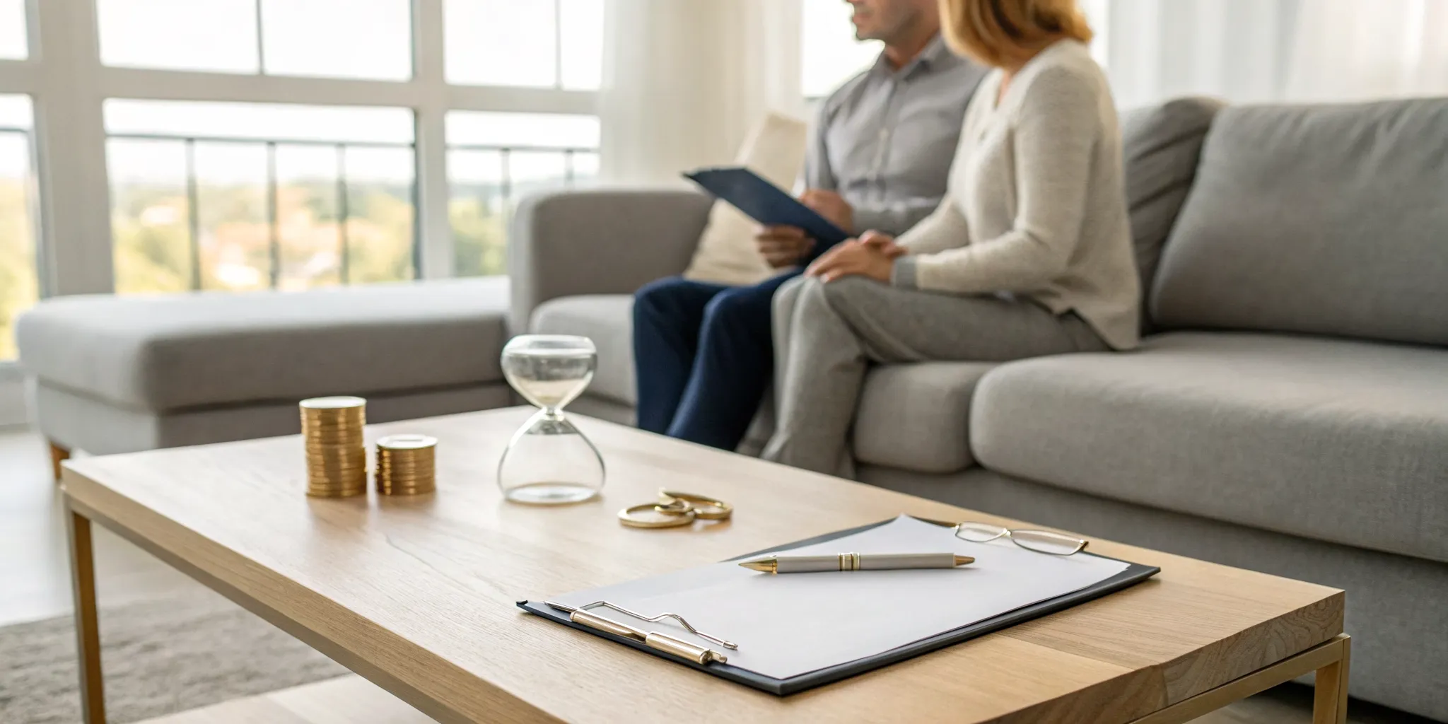 Couple on a sofa reviewing the cost of a couples therapy session.