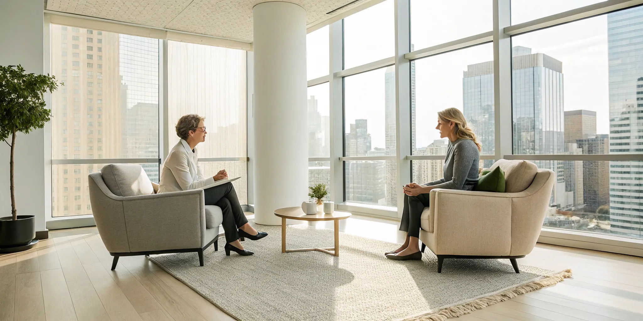 Therapist and client discussing career change anxiety.