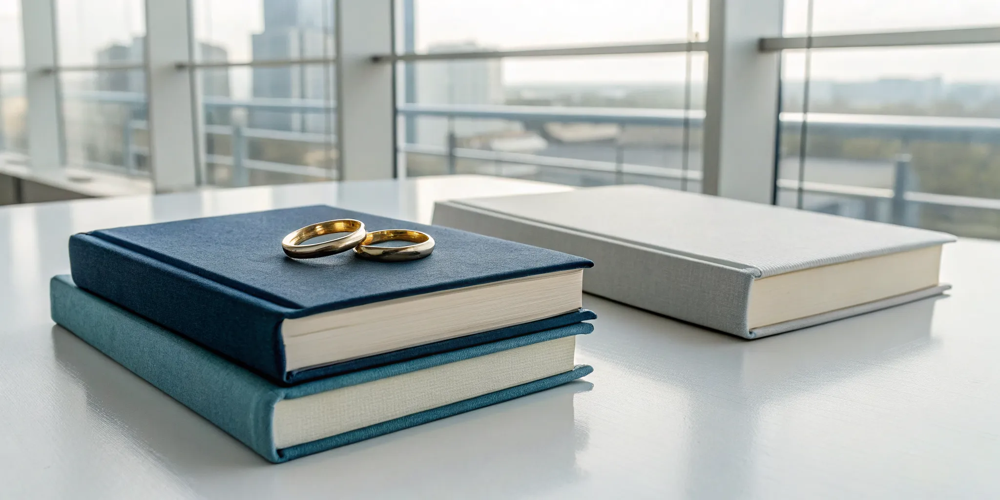 Wedding rings on a stack of books serving as a marriage counselor for communication.